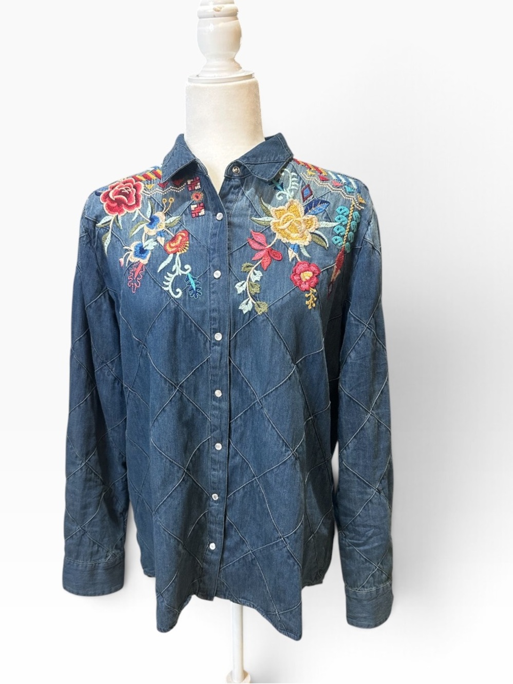 Johnny Was Workshop Denim Pearl Snap Quilted Multi-Color Floral Embroidered